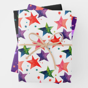 Cute Colourful Star Silent Night Galaxy Watercolor Wrapping Paper Sheet