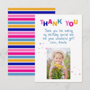 Cute Colourful Stars Girl Photo Birthday Thank You Card