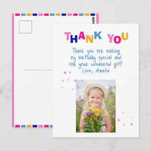 Cute Colourful Stars Girl Photo Birthday Thank you Postcard