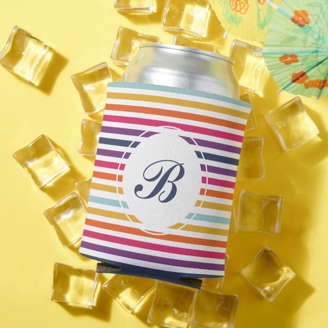 Cute Colourful Striped Pattern With Monogram Can Cooler (In Situ Summer)