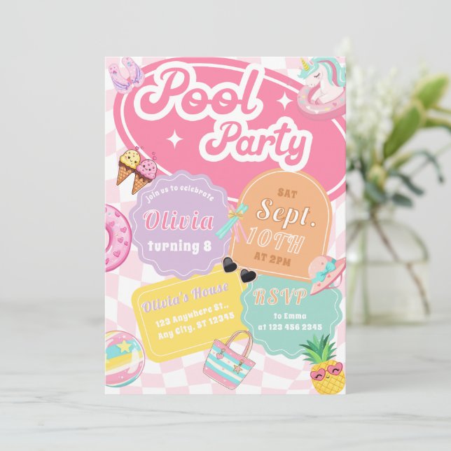 Cute Colourful Summer Swimming Pool Party Birthday Invitation (Standing Front)