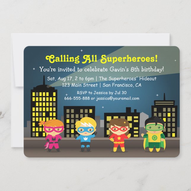Cute Colourful Superhero Birthday Party For Kids Invitation (Front)