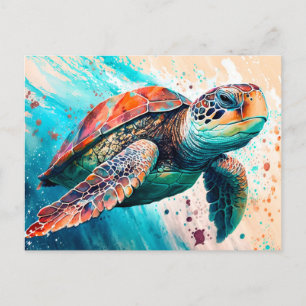 Cute Colourful Swimming Sea Turtle Postcard
