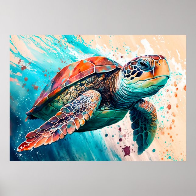 Cute Colourful Swimming Turtle Illustration Poster (Front)