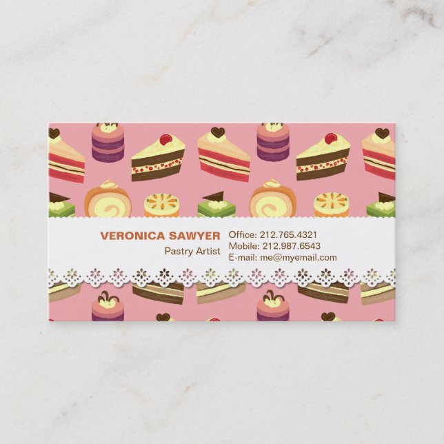 Cute Colourful Tea Cakes Illustration Pattern Business Card (Front)