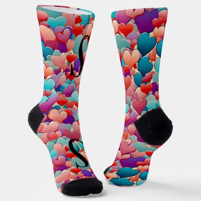 Cute colourful teal pink, purple hearts, monogram socks (Creator Uploaded)