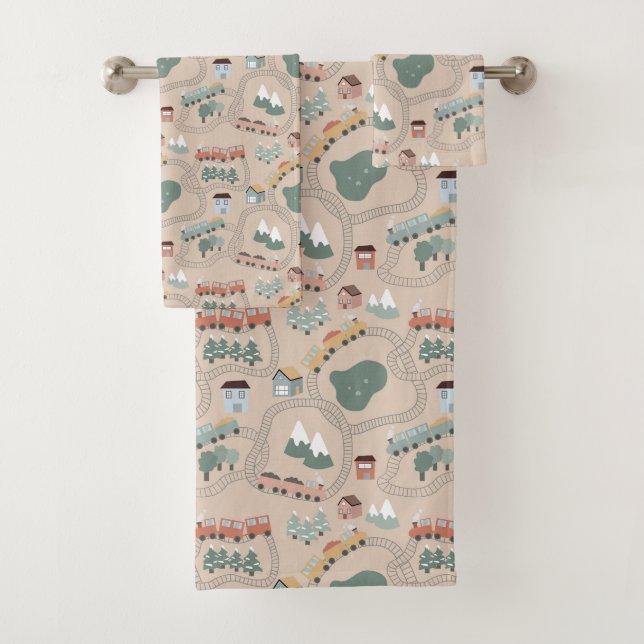 Cute Colourful Trains on Train Tracks Kids Pattern Bath Towel Set (Insitu)