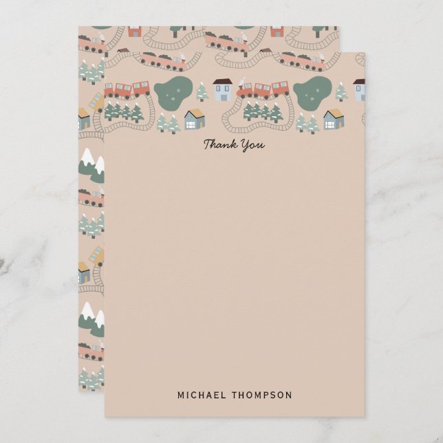 Cute Colourful Trains on Train Tracks Kids Pattern Thank You Card (Front/Back)
