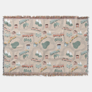 Cute Colourful Trains on Train Tracks Kids Pattern Throw Blanket