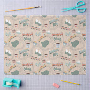 Cute Colourful Trains on Train Tracks Kids Pattern Tissue Paper