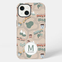 Cute Colourful Trains on Train Tracks Monogram
