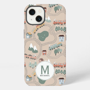 Cute Colourful Trains on Train Tracks Monogram iPhone 13 Case