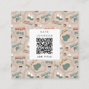 Cute Colourful Trains on Train Tracks QR Code Square Business Card