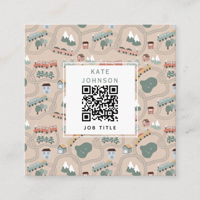 Cute Colourful Trains on Train Tracks QR Code Square Business Card (Front)