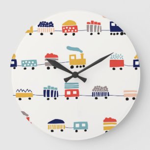 Cute, colourful trains seamless pattern. large clock