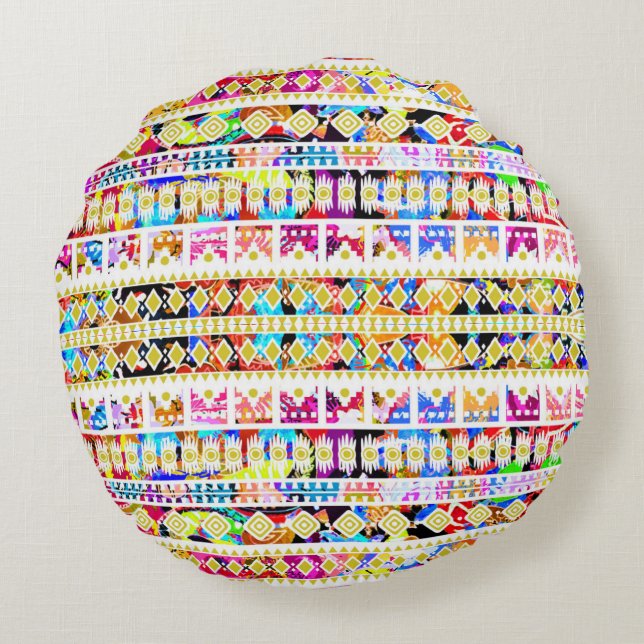 Cute colourful tribal aztec pattern round cushion (Back)