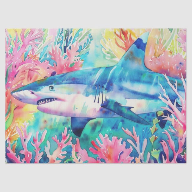 Cute Colourful Tropical Watercolor Shark Tissue Paper (Front)
