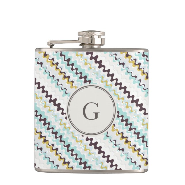 Cute colourful turquoise abstract pattern monogram hip flask (Front)