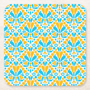 Cute colourful turquoise and orange hearts and dot square paper coaster