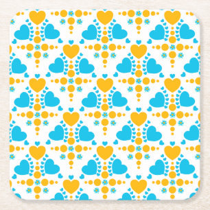 Cute colourful turquoise and orange hearts, flower square paper coaster