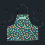 Cute & Colourful Turquoise Dinosaur Pattern Kids Apron<br><div class="desc">Your child will feel like a chef with this cute,  personalised dinosaur apron. The personalised apron displays your child's name in white text framed by a turquoise rectangle. The background features a pattern of green,  orange,  pink,  blue,  purple,  aqua,  and coral dinosaurs against a solid dark teal.</div>