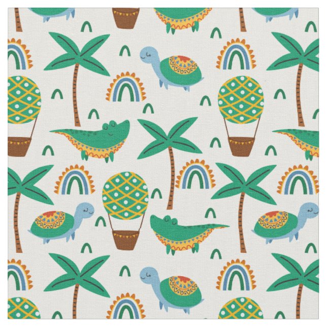 Cute Colourful Turtle Alligator Rainbow Pattern Fabric (Close Up)