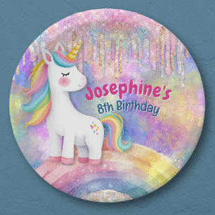 Cute Colourful Unicorn faux glitter drips birthday Paper Plate