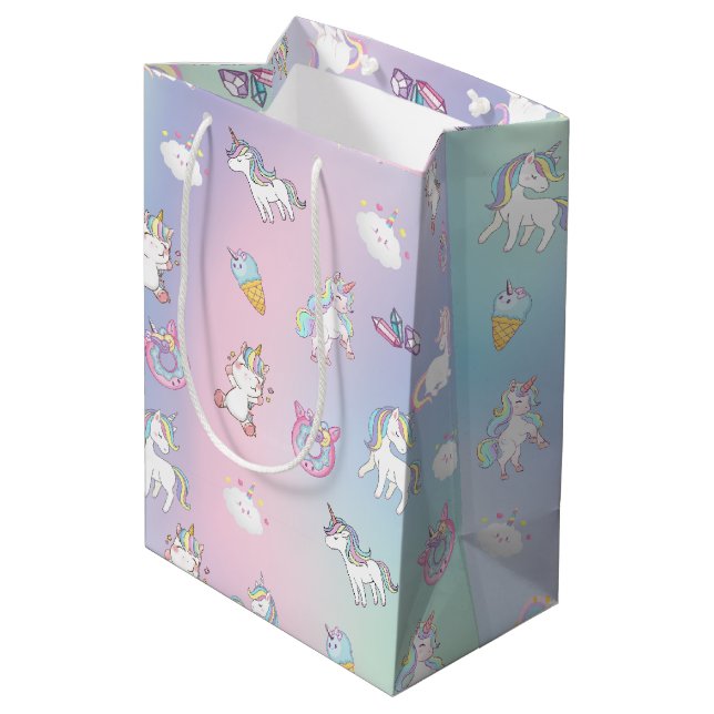 Cute colourful Unicorn pastel Rainbow Doughnuts Medium Gift Bag (Back Angled)