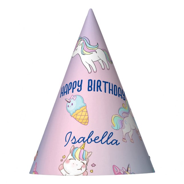 Cute colourful unicorn Rainbow Birthday party name Hat (Front)