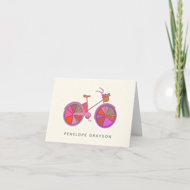 Cute Colourful Vintage Bike Purple Personalised Note Card (Front)