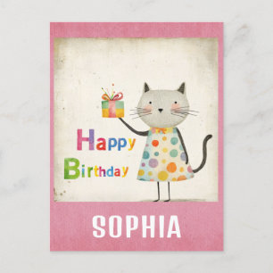 Cute Colourful Vintage Cat Happy Birthday Postcard