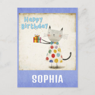Cute Colourful Vintage Cat Happy Birthday Postcard