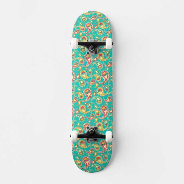 Cute colourful vintage paisley pattern skateboard (Front)