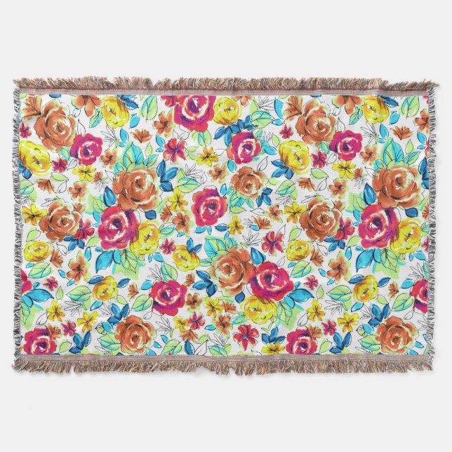 Cute colourful vintage roses patterns throw blanket (Front)