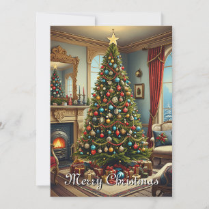 Cute Colourful Vintage Rustic Merry Christmas Tree Holiday Card
