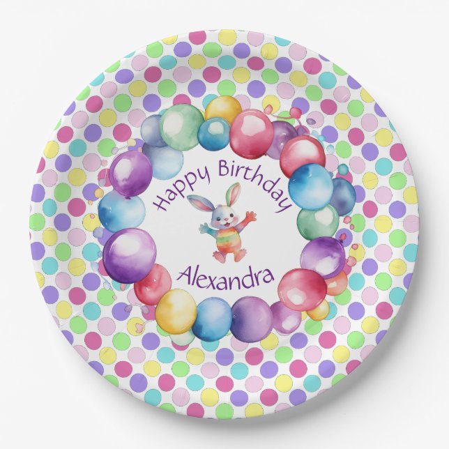 Cute Colourful Watercolor Bunny and Polka Dots Paper Plate (Front)