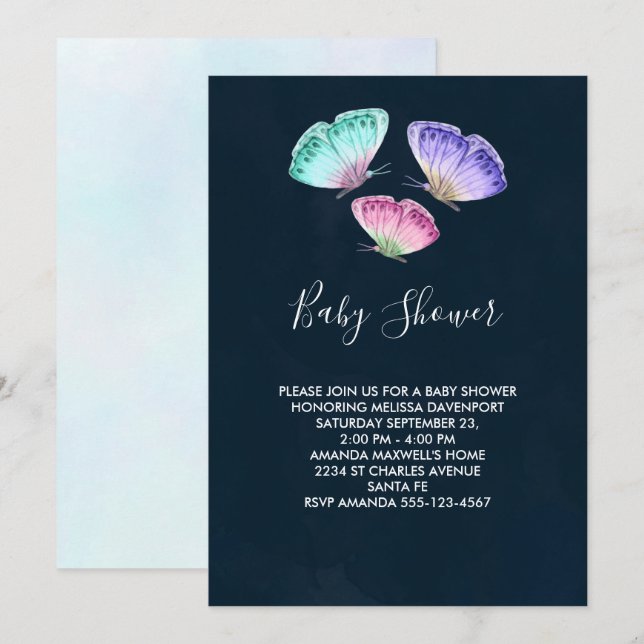 Cute Colourful Watercolor Butterflies Baby Shower Invitation (Front/Back)