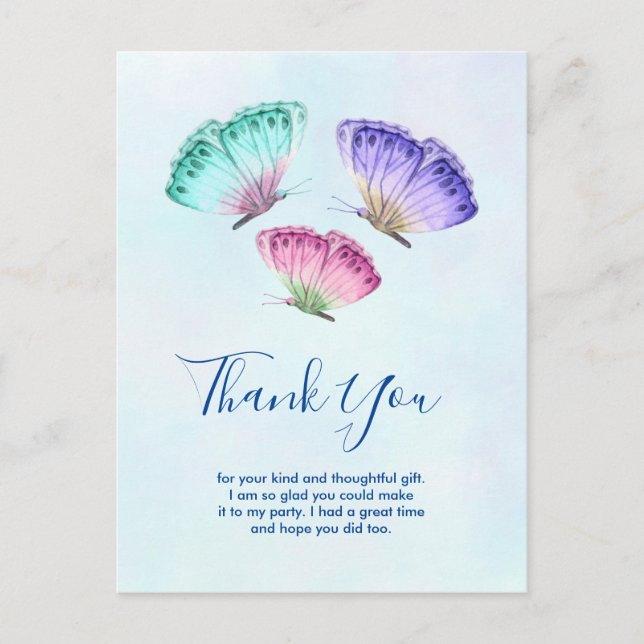 Cute Colourful Watercolor Butterflies Thank You Postcard (Front)