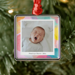 Cute Colourful Watercolor Circles Dots Baby Photo Metal Tree Decoration