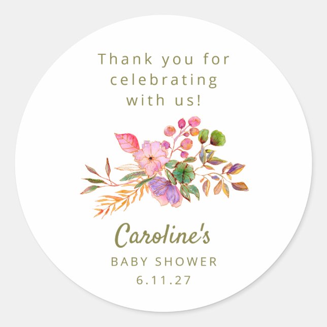 Cute Colourful Watercolor Floral Baby Shower Custo Classic Round Sticker (Front)