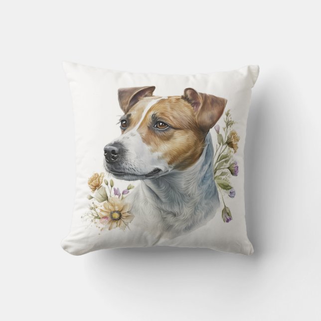 Cute Colourful Watercolor Floral Jack Russell Dog Cushion (Front)