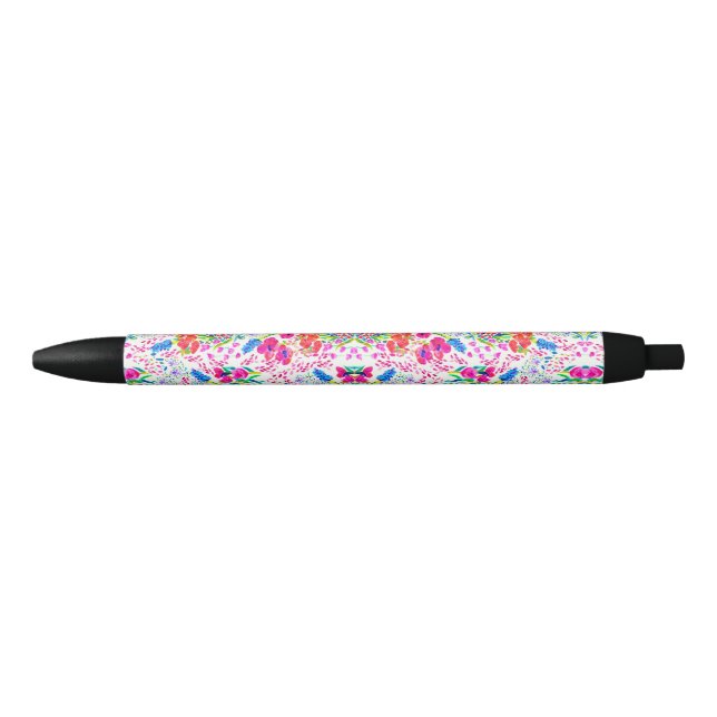 Cute colourful watercolor flowers pattern checkboo black ink pen (Front)