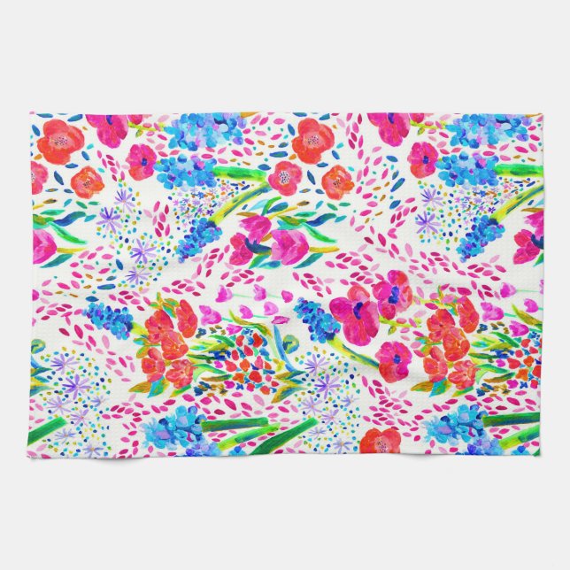 Cute colourful watercolor flowers pattern tea towel (Horizontal)