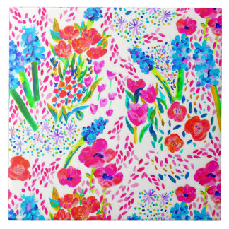 Cute colourful watercolor flowers pattern tile