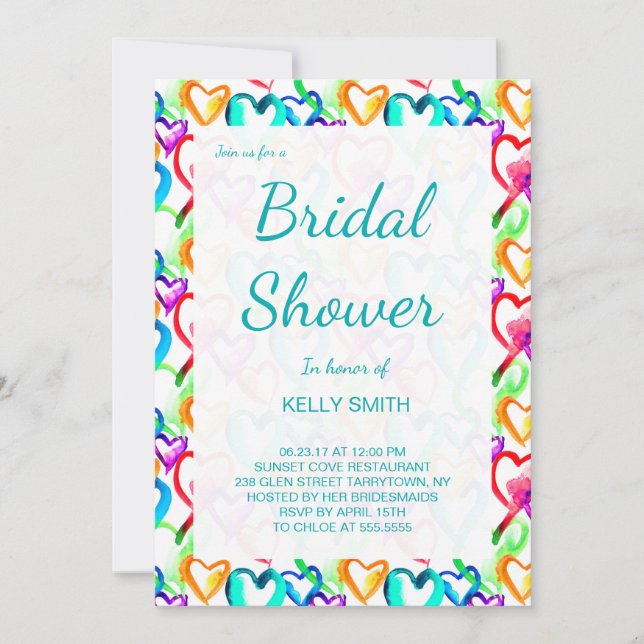 Cute colourful watercolor hearts bridal shower invitation (Front)