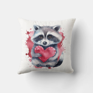 cute colourful watercolor racoon with heart cushion