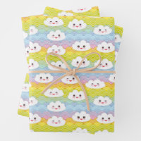Cute Colourful Waves Kawaii Emoji Clouds Pattern