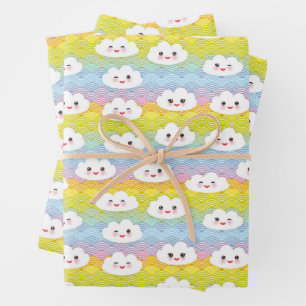 Cute Colourful Waves Kawaii Emoji Clouds Pattern Wrapping Paper Sheet