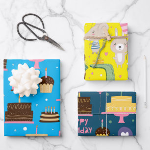 Cute Colourful Whimsical Birthday Animals Pattern Wrapping Paper Sheet