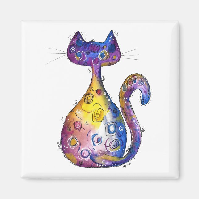 Cute Colourful Whimsical Cat Magnet (Front)
